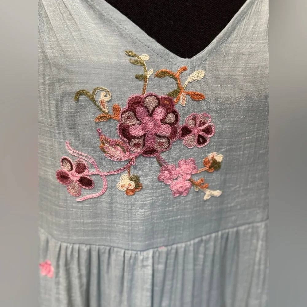 Hope Springs Floral‎ Embroidered Blue Dress Medium Boho Chic! Cottagecore - Picture 2 of 9